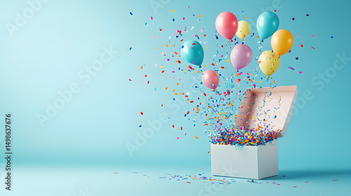 diseño de invitacion para festejo o cumpleaños con una caja abierta de regalo con globos coloridos flotando y volando con confeti con espacio de copia 