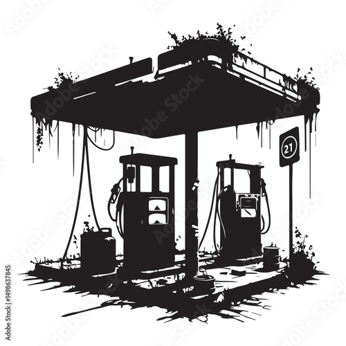 Abandoned Gas Station Illustration Vector for Post Apocalyptic Themes