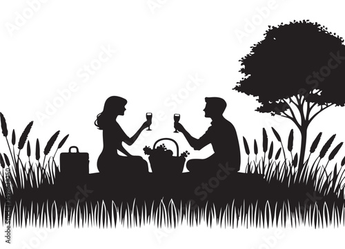 Couple Enjoying a Romantic Picnic in a Grassy Field Illustration