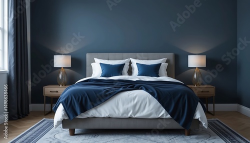 Serene Modern Bedroom Interior Design with Navy Blue Walls and Gray Bed