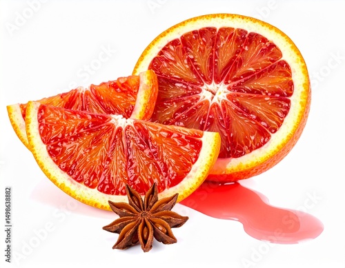 Sliced Blood Oranges with Juice Drip and Star Anise on Isolated White Background Composition