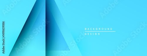 Abstract blue geometric shapes create layered design. Gradient shades offer depth, modern aesthetic. Minimal text complements composition.