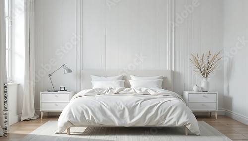 Wallpaper Mural Minimalist White Bedroom Interior Design with a Comfortable Bed, Nightstands, and Natural Decor Torontodigital.ca