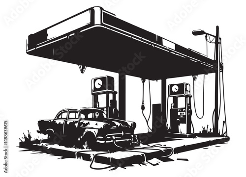 Silhouette of abandoned gas station with vintage car vector graphic