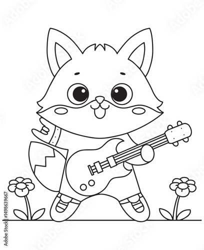 Coloring book  fox plays a rock and roll guitar, surrounded by cheerful flowers.