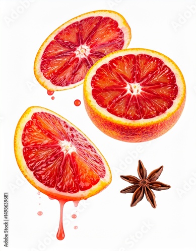 Sliced Blood Oranges with Juice Drip and Star Anise on Isolated White Background Composition