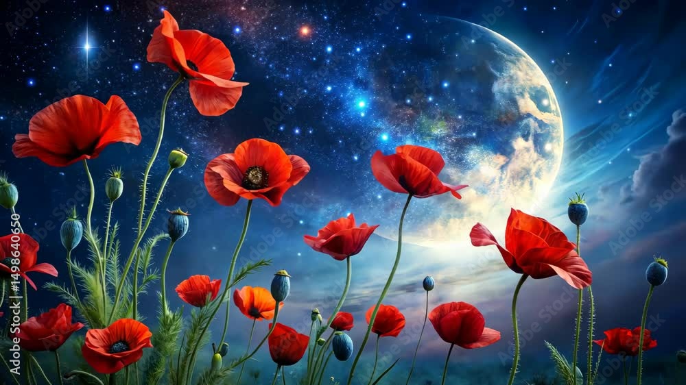 Red Poppies Bloom Under a Mystical Night Sky with a Large, Bright Moon and Twinkling Stars Red Poppies Bloom Under a Mystical Night Sky with a Large, Bright Moon and Twinkling Stars