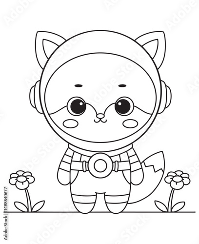 Coloring book fox astronaut in a space suit, ready for an intergalactic adventure