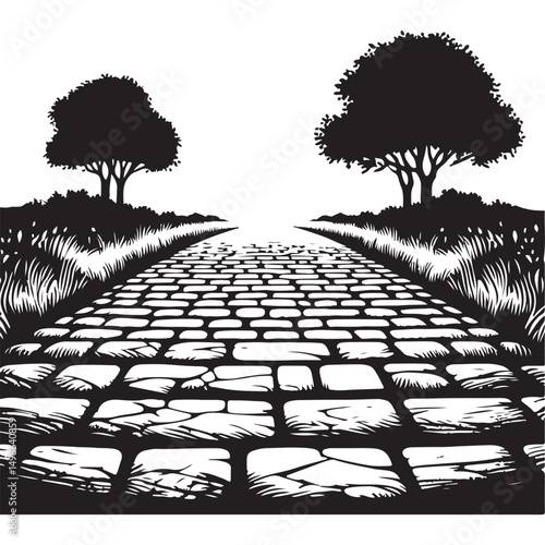 Cobblestone Road Silhouette Vector Illustration Leading to Serene Distance