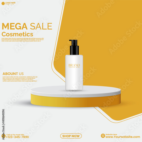 Cosmetics product advertisement poster design with a 3D cylinder podium. Promotional product display showcase design vector in an isolated background. Empty product mockup design template. 
