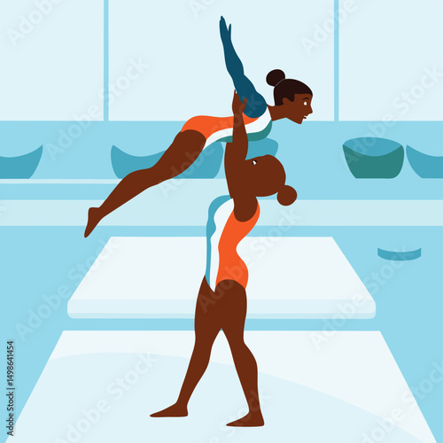 Acrobatic Gymnastics Vector Illustration – Dynamic Pose Design of Gymnasts Performing Balance and Tumbling Routines in Artistic Style