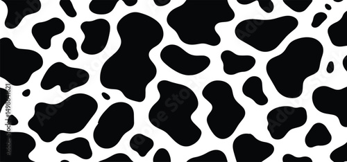 Vector cow print pattern background. Black irregular patches on white backdrop. Abstract cow skin or fur texture. Hand drawn design. Farm animal print