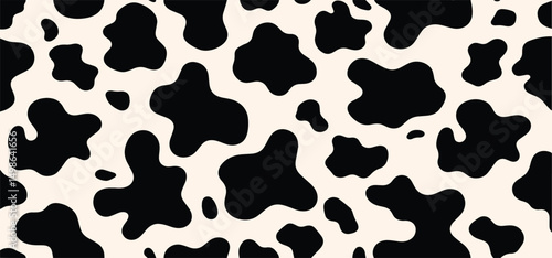 Vector cow print pattern background. Black irregular patches on white backdrop. Abstract cow skin or fur texture. Hand drawn design. Farm animal print