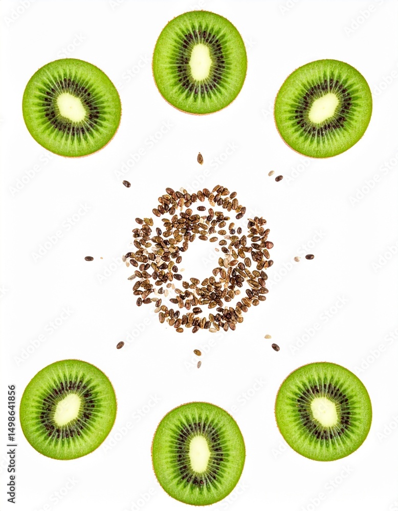 Fototapeta premium Sliced Kiwi Halves with Seeds Spilling in Circular Pattern on Isolated White Background Composition