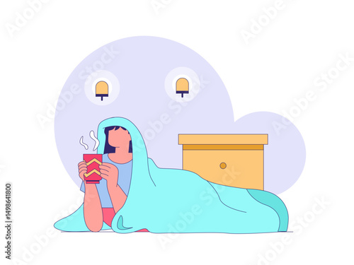 Girl enjoying tea under blanket. Tea illustration. Flat outline vector illustration concept.	