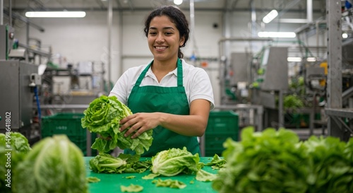 Woman packing lettuce on line in vegetable processing plant