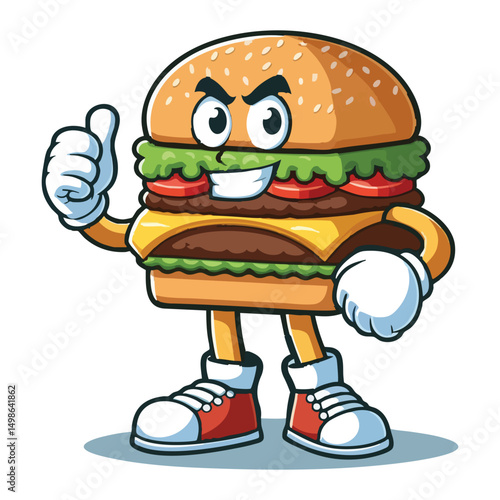 Enthusiastic Cartoon Burger Character Giving a Thumbs Up Illustration