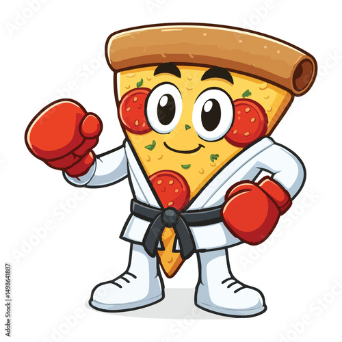 Pizza Slice Karate Master Cartoon Character with Boxing Gloves