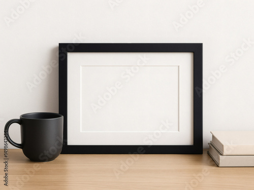 2:3 landscape horizontal picture frame mockup with mat for photos and art. Sleek, modern black styling with coffee cup and books.