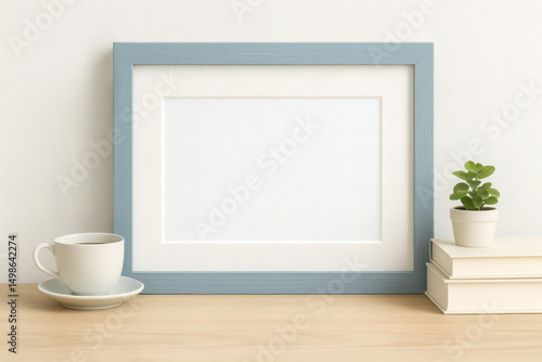 2:3 landscape horizontal picture frame mockup with mat for photos and art. Clean and modern styling with teacup and books.