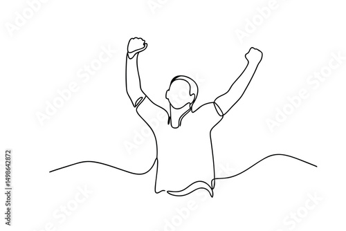 Continuous one-line drawing happy man celebrating success