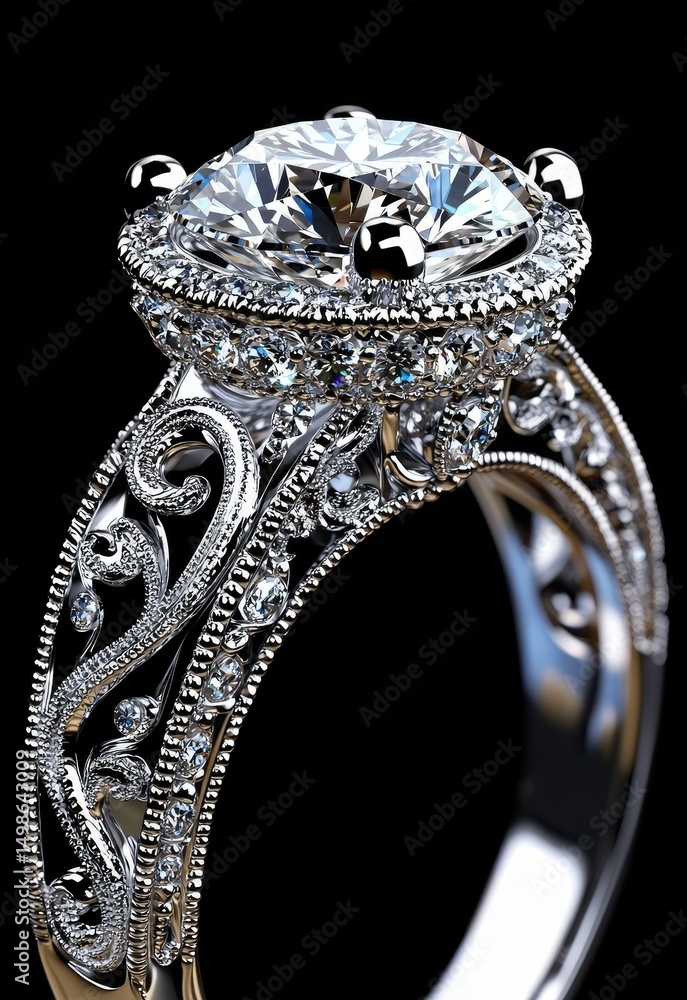 Obraz premium A close-up of a sparkling diamond engagement ring with intricate band detailing. Stock