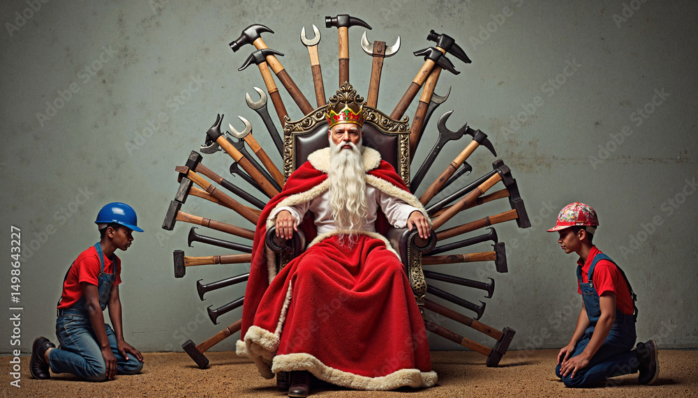Obraz premium Santa Claus sitting on throne with children kneeling on ground