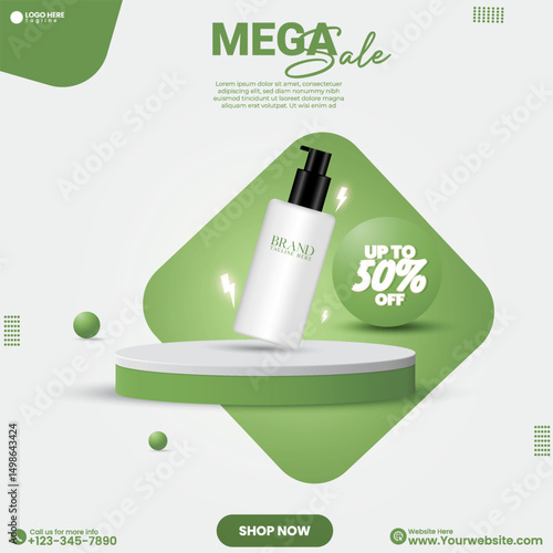 Cosmetics product advertisement poster design with a 3D cylinder podium. Promotional product display showcase design vector in an isolated background. Empty product mockup design template. 