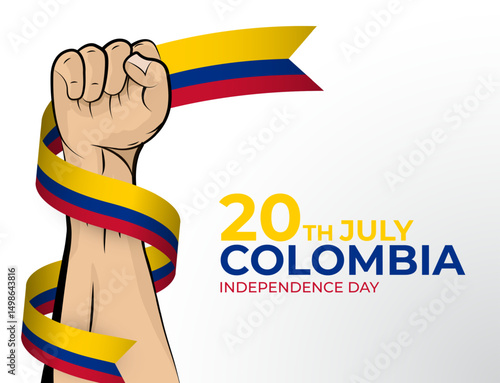 Vector illustration of Happy Independence Day greeting card for the country of Colombia with clenched fists and a flag ribbon. Use for banners on a white background