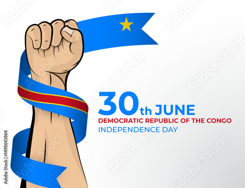 Vector illustration of Happy Independence Day greeting card for the country of Democratic Republic of the Congo with clenched fists and a flag ribbon. Use for banners on a white background