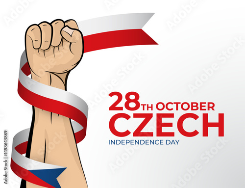 Vector illustration of Happy Independence Day greeting card for the country of Czech with clenched fists and a flag ribbon. Use for banners on a white background