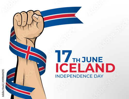 Vector illustration of Happy Independence Day greeting card for the country of Iceland with clenched fists and a flag ribbon. Use for banners on a white background