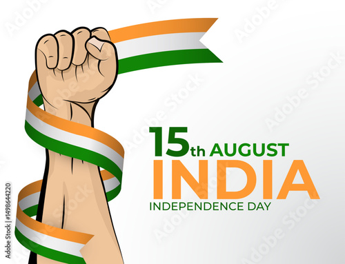 Vector illustration of Happy Independence Day greeting card for the country of India with clenched fists and a flag ribbon. Use for banners on a white background