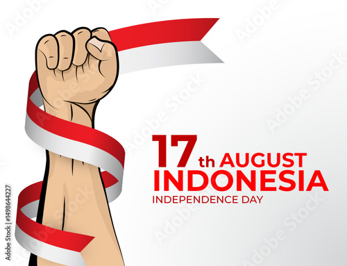 Vector illustration of Happy Independence Day greeting card for the country of Indonesia with clenched fists and a flag ribbon. Use for banners on a white background
