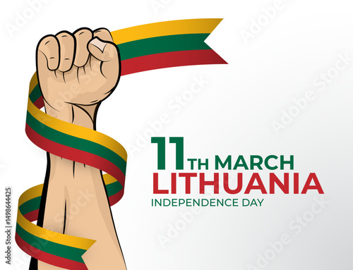 Vector illustration of Happy Independence Day greeting card for the country of Lithuania with clenched fists and a flag ribbon. Use for banners on a white background