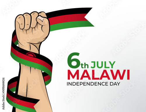 Vector illustration of Happy Independence Day greeting card for the country of Malawi with clenched fists and a flag ribbon. Use for banners on a white background