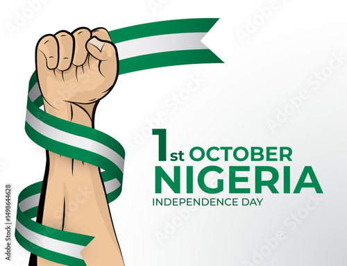 Vector illustration of Happy Independence Day greeting card for the country of Nigeria with clenched fists and a flag ribbon. Use for banners on a white background