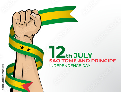 Vector illustration of Happy Independence Day greeting card for the country of Sao Tome and Principe with clenched fists and a flag ribbon. Use for banners on a white background