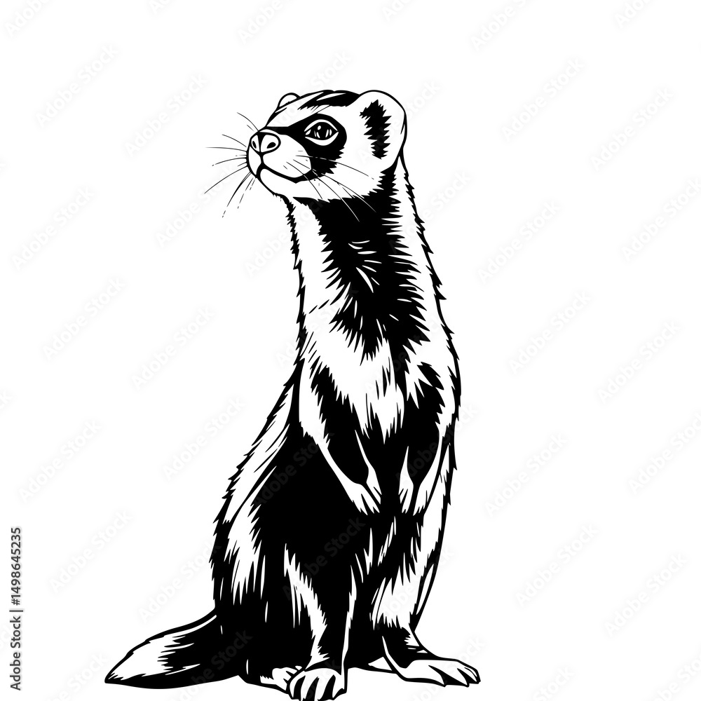 Fototapeta premium Ferret Portrait: A striking monochrome illustration of a ferret standing tall, its fur meticulously detailed in bold ink lines, conveying alertness and elegance.