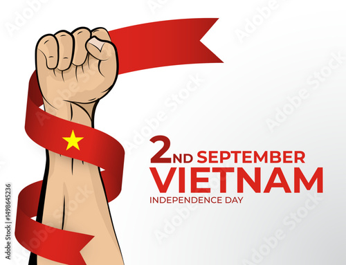 Vector illustration of Happy Independence Day greeting card for the country of Vietnam with clenched fists and a flag ribbon. Use for banners on a white background