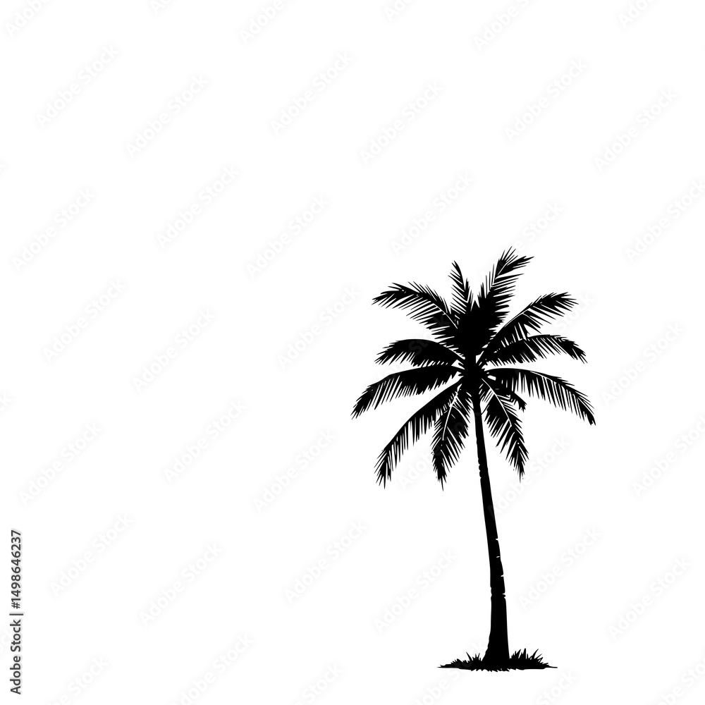 Obraz premium Tropical Palm Silhouette: A stark, monochrome illustration depicts a single palm tree, its fronds detailed against a white background, evoking a sense of serenity and summer.