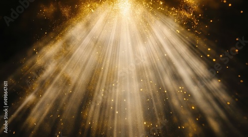 Golden light rays burst from above, illuminating a dark, smoky background with glittering particles