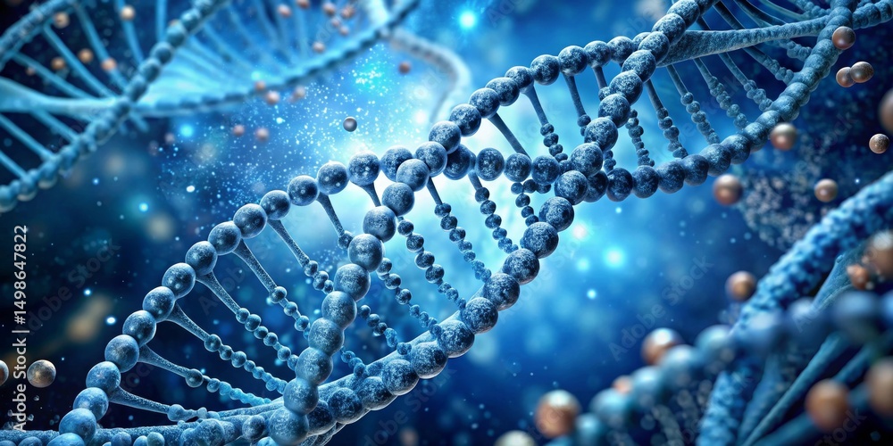 Obraz premium Close-up view of a detailed DNA double helix, exhibiting intricate molecular structure and a vibrant blue hue, set against a softly blurred background with subtle lighting effects.