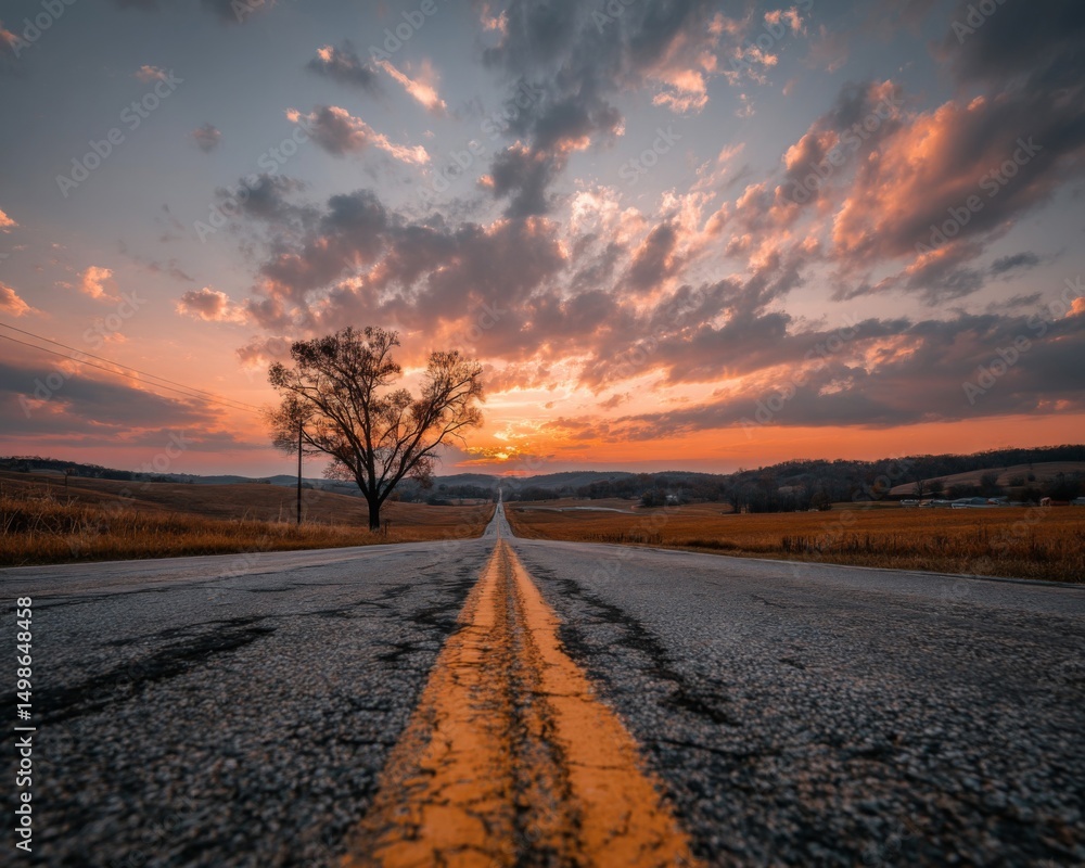 Fototapeta premium Country Road Sunset Landscape with Single Tree