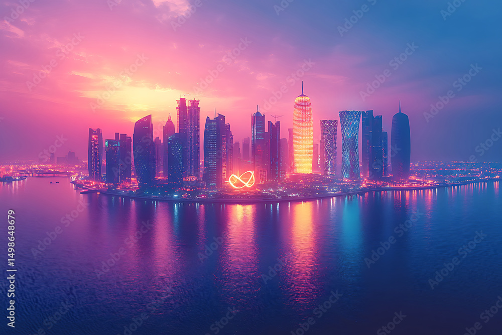 Obraz premium Doha Qatar Skyline At Sunset With Modern Architecture And Water Reflections