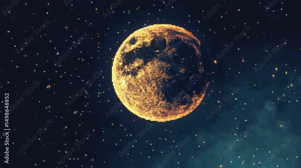 Obraz premium Pixelated moon in a starry night sky with glowing dots and abstract space elements
