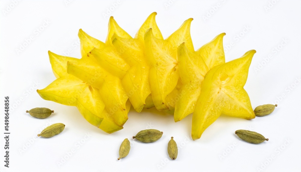 Fototapeta premium Sliced Starfruit Arranged in Fan Pattern with Cardamom Pods on Isolated White Background Composition