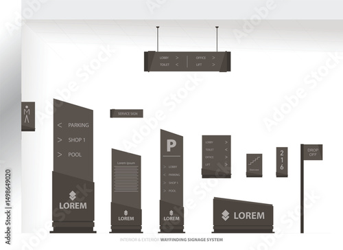 Wayfinding system signage mockup set Direction signs Exterior and interior way finding design.
