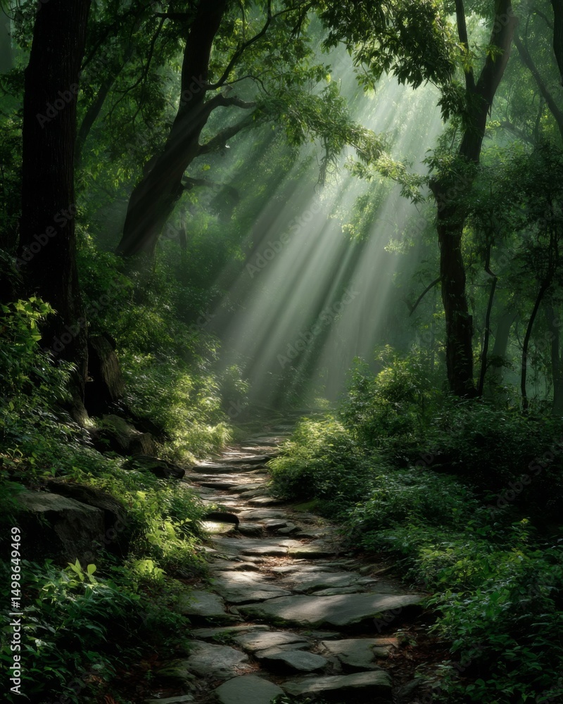 Obraz premium Sunlit Stone Path Through Lush Green Forest