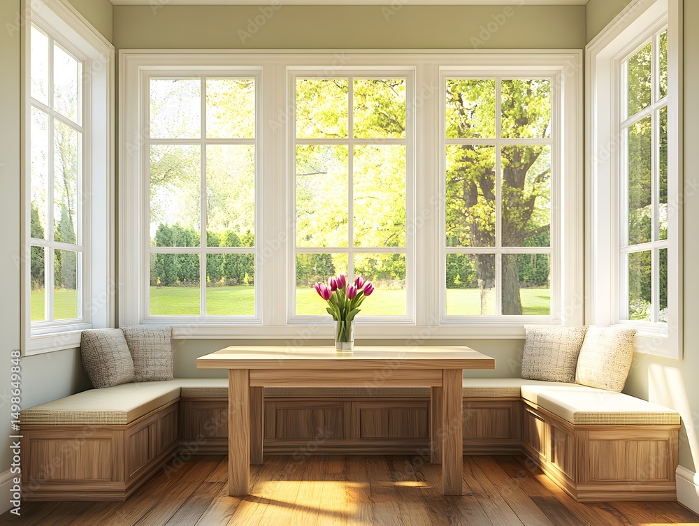 Fototapeta premium Sunlit interior nook with a wooden table and comfortable seating.